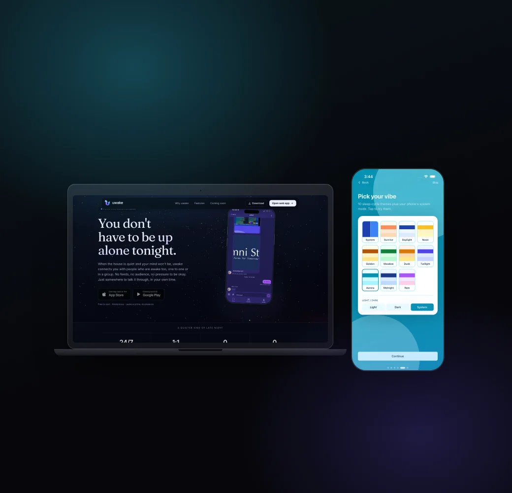 Uwake: the marketing site on a laptop and the app on a phone